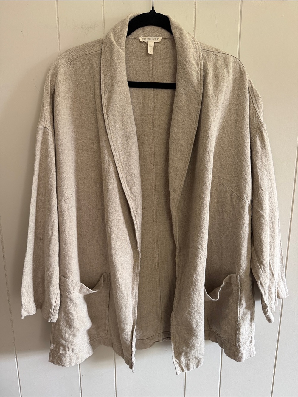 Eileen Fisher Heavyweight Organic Linen Shawl Collar Jacket Lagenlook Coastal